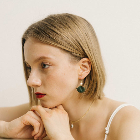 銀杏系列 Ginkgo Series - 法式綠銀杏珍珠耳環