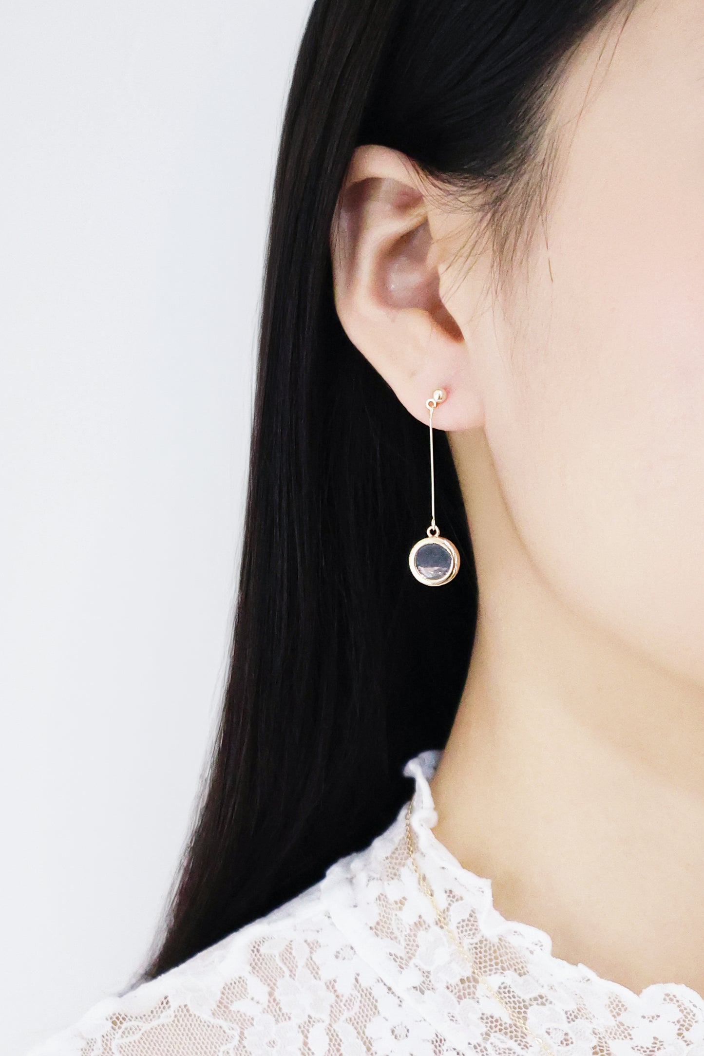 水晶系列|黑夜圓形水晶金長耳環 Crystal Series|Night Round Crystal Gold Long Earrings