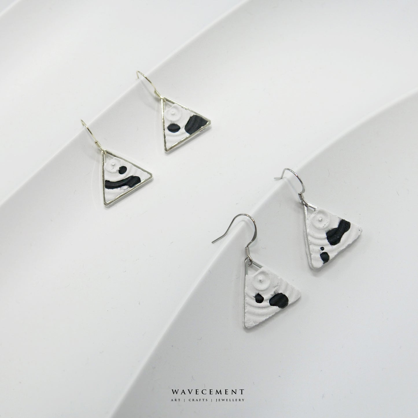 混色水紋系列|潑墨垂吊水泥耳環 Mixed Wave Pattern Series|Black and White Cement Earrings