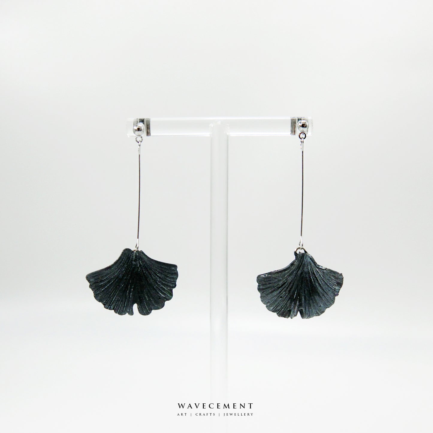自然系列|銀杏-銀長垂吊水泥耳環 Natural Series|Ginkgo-Silver Long Cement Pendant Earrings