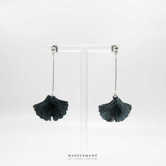 自然系列|銀杏-銀長垂吊水泥耳環 Natural Series|Ginkgo-Silver Long Cement Pendant Earrings