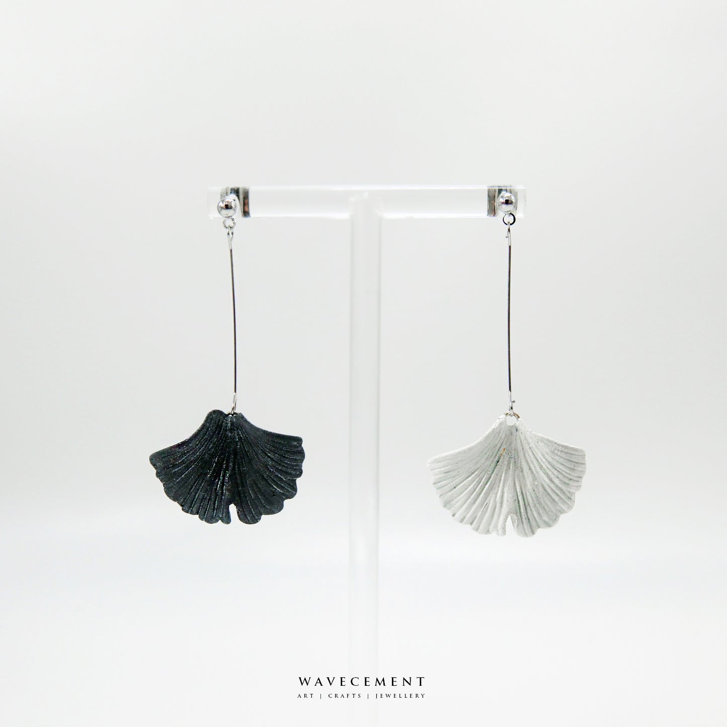 自然系列|銀杏-銀長垂吊水泥耳環 Natural Series|Ginkgo-Silver Long Cement Pendant Earrings