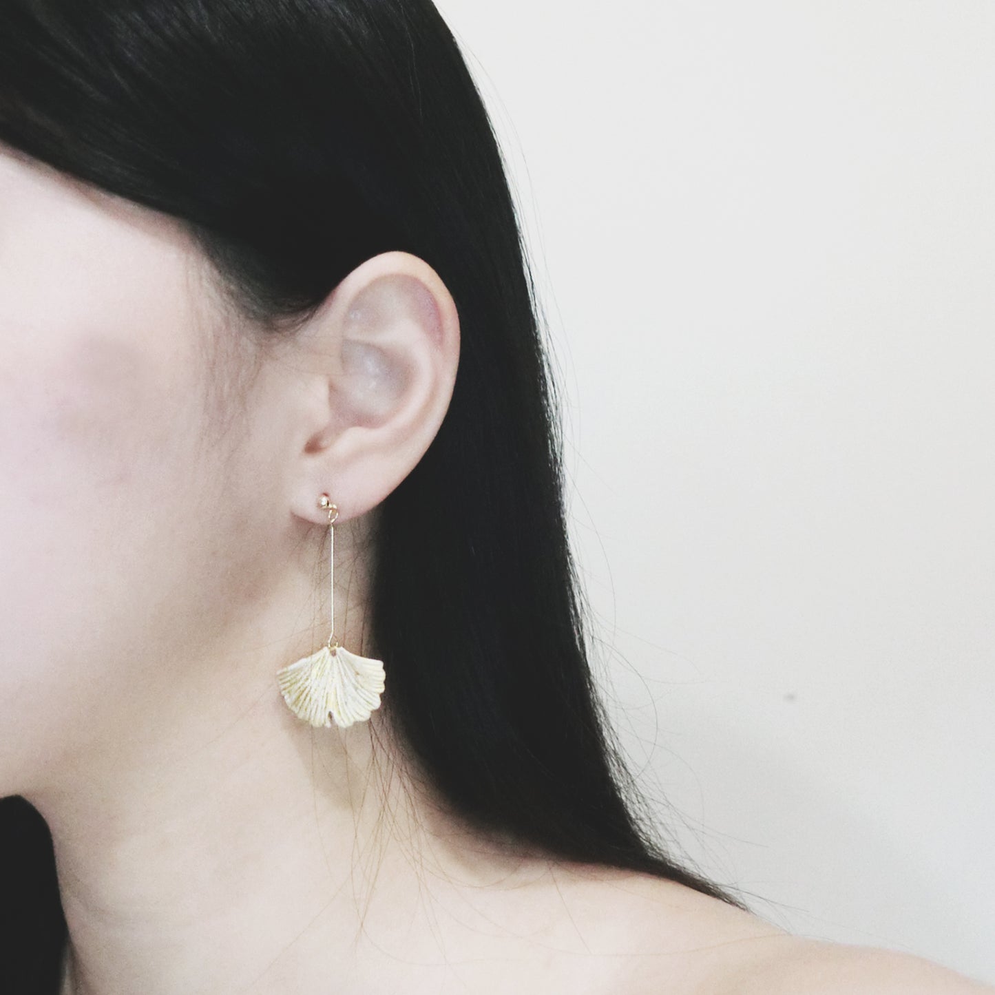 自然系列|銀杏-金長垂吊水泥耳環 Natural Series|Ginkgo-Gold Long Cement Pendant Earrings