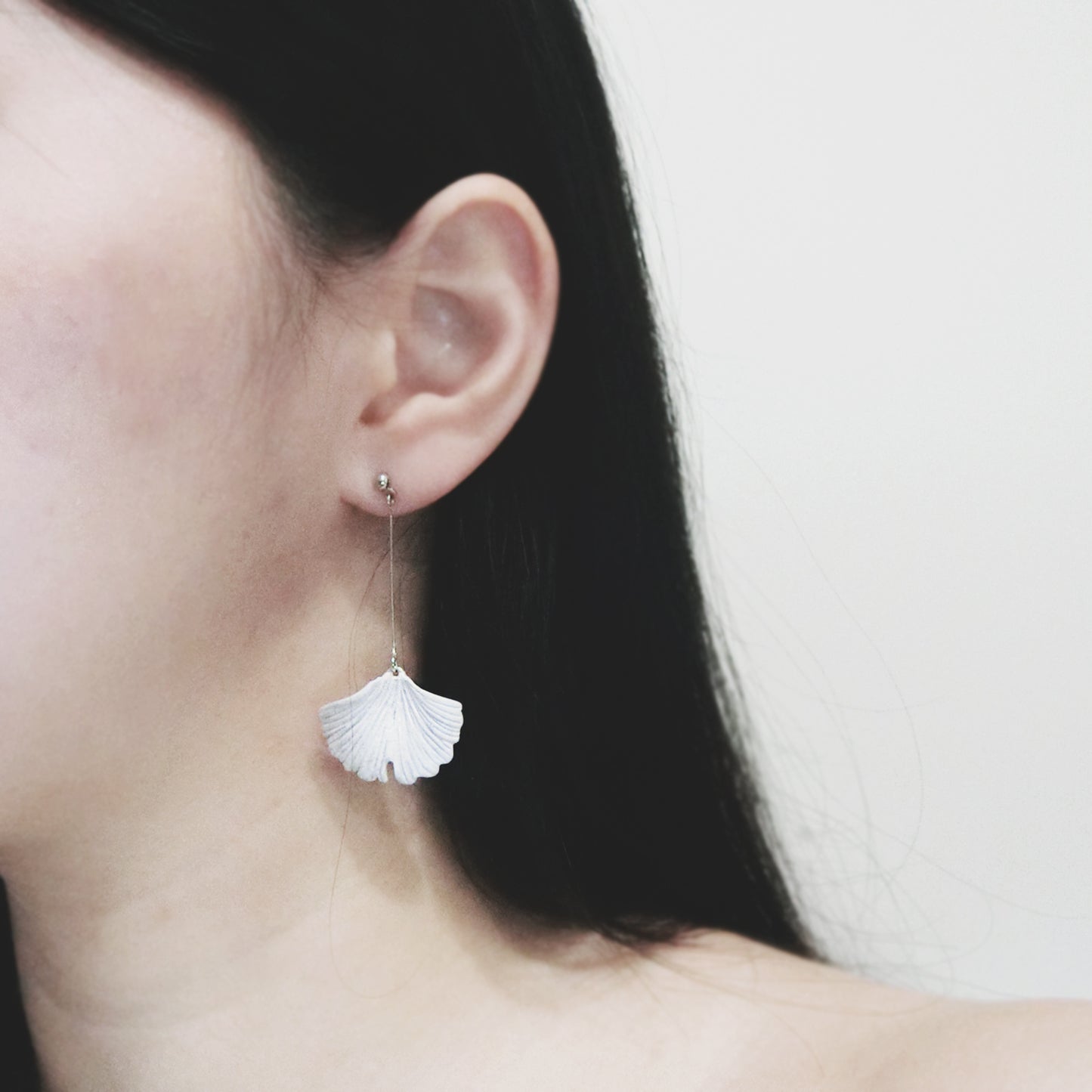 自然系列|銀杏-銀長垂吊水泥耳環 Natural Series|Ginkgo-Silver Long Cement Pendant Earrings