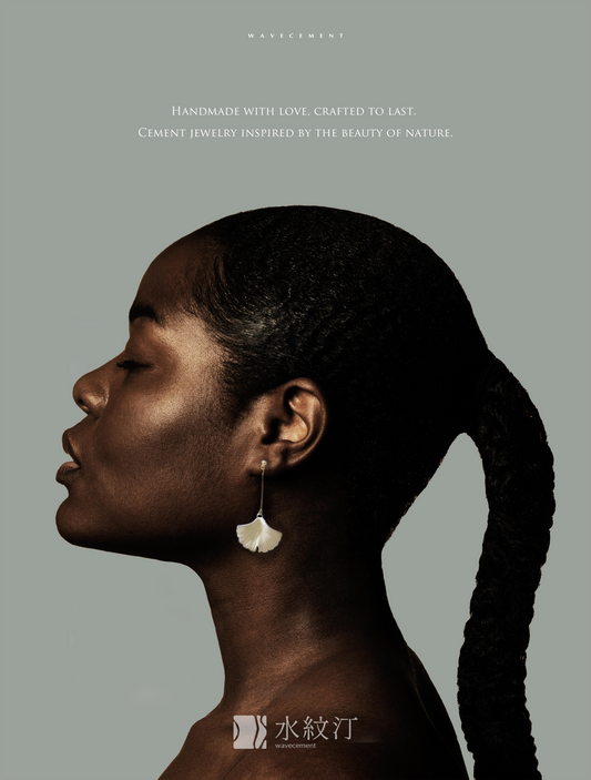 自然系列|銀杏-金長垂吊水泥耳環 Natural Series|Ginkgo-Gold Long Cement Pendant Earrings