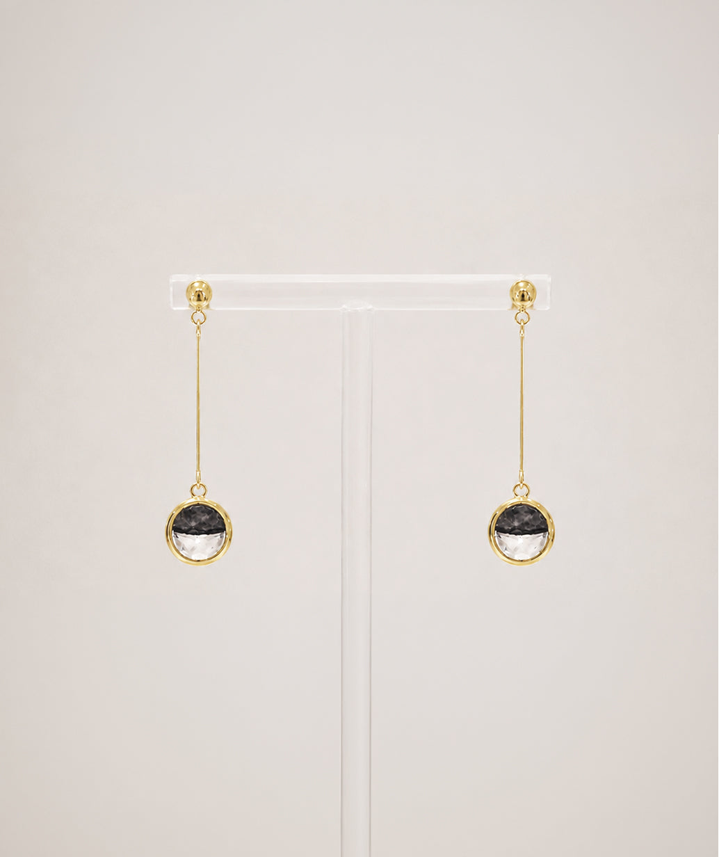 水晶系列|黑夜圓形水晶金長耳環 Crystal Series|Night Round Crystal Gold Long Earrings