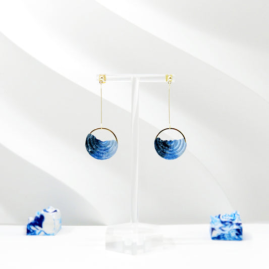 浮世繪系列|染藍海浪水泥耳環 Ukiyo-e Series|The wave circular cement earring