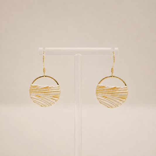 線條系列｜白金色圓形垂吊線條水泥耳環 Line Series｜Gold Round Cement Earrings