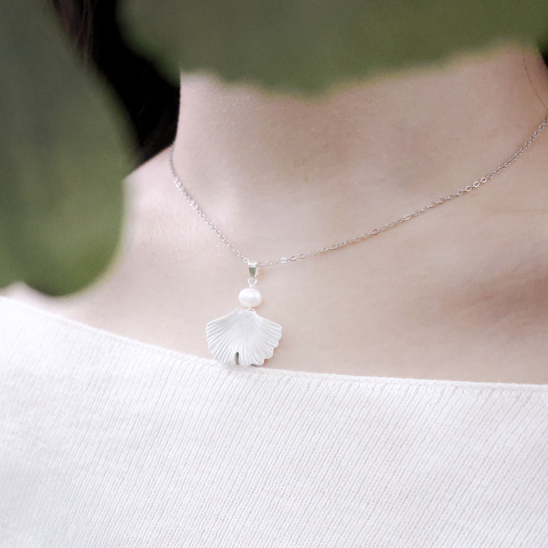銀杏系列｜銀白銀杏珍珠水泥項鏈 Ginkgo Series｜Silver Ginkgo Pearl Cement Necklace