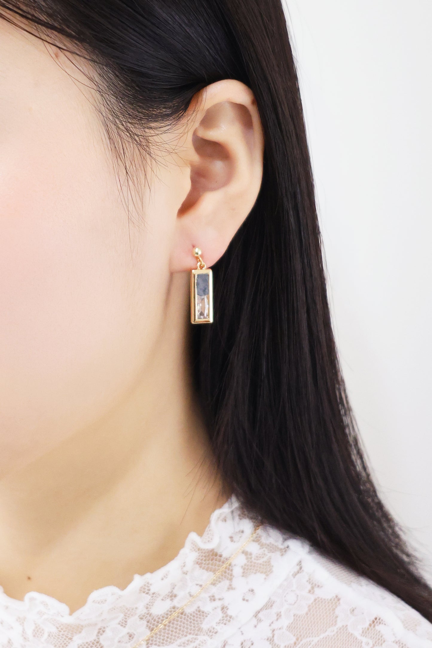 水晶系列｜黑夜長方形水晶金耳環  Crystal Series｜Night Rectangular Crystal Gold Earrings