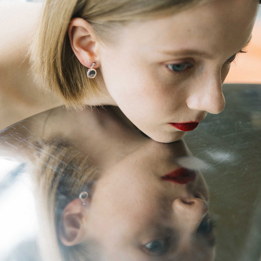 水晶系列｜黑夜圓形水晶銀耳環  Crystal Series｜Night Round Crystal Silver Earrings