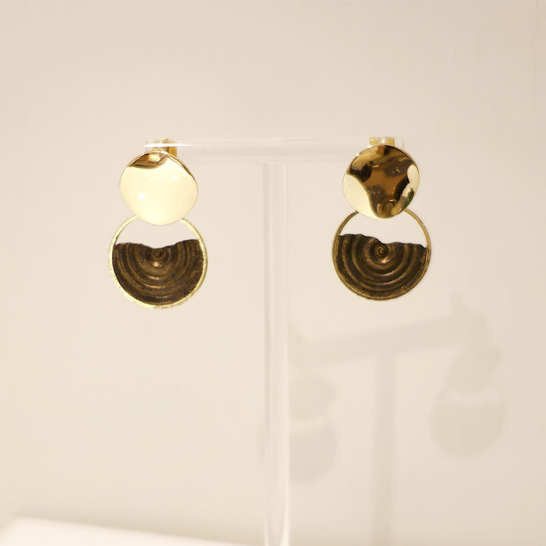 水紋系列｜金黑圓形金屬水紋耳環 Wave Series｜Black Gold Round Metal Wave Earrings