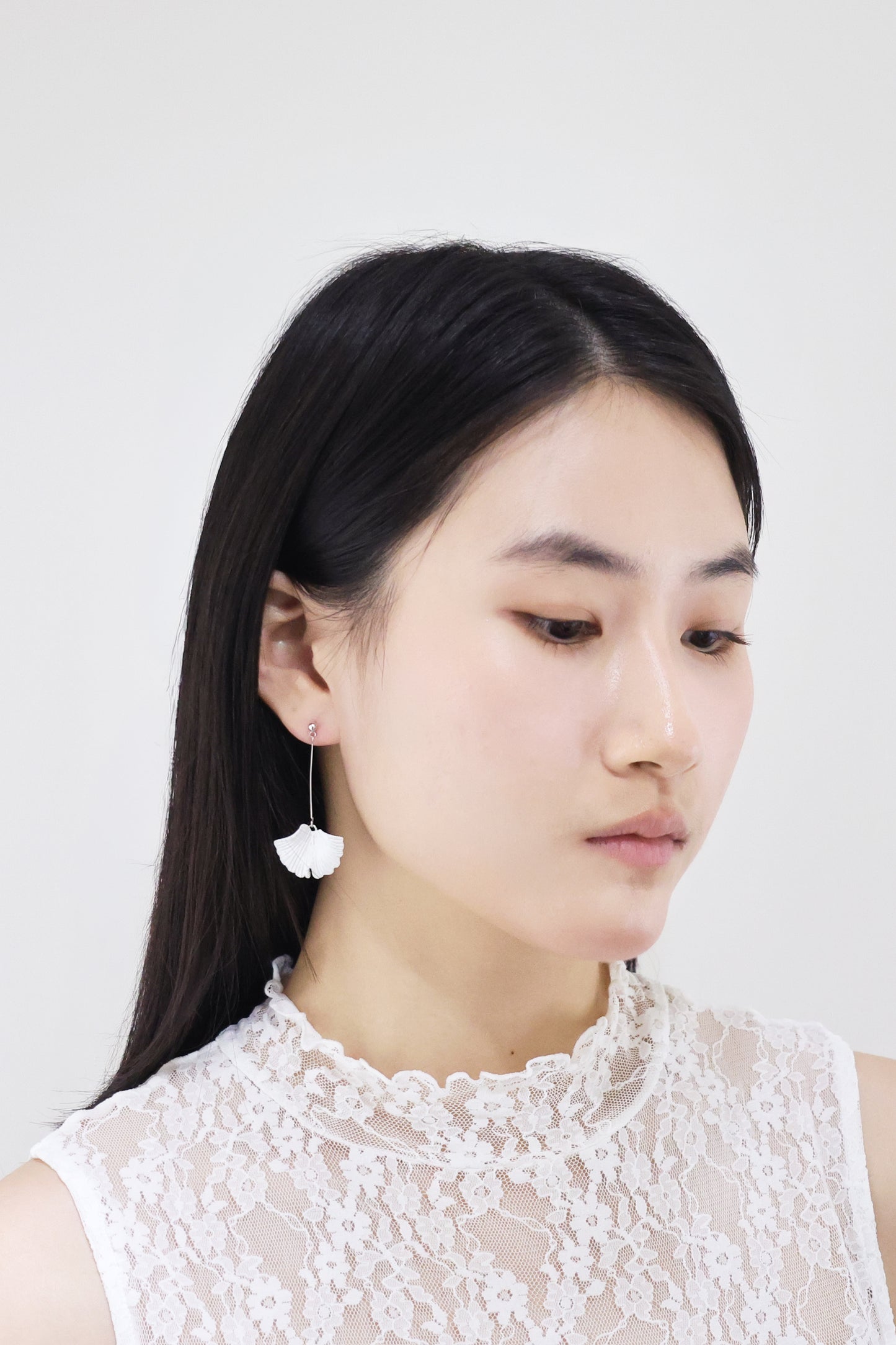 銀杏系列｜銀白銀杏珍珠長耳環  Ginkgo Series｜Silver White Ginkgo Pearl Long Earrings