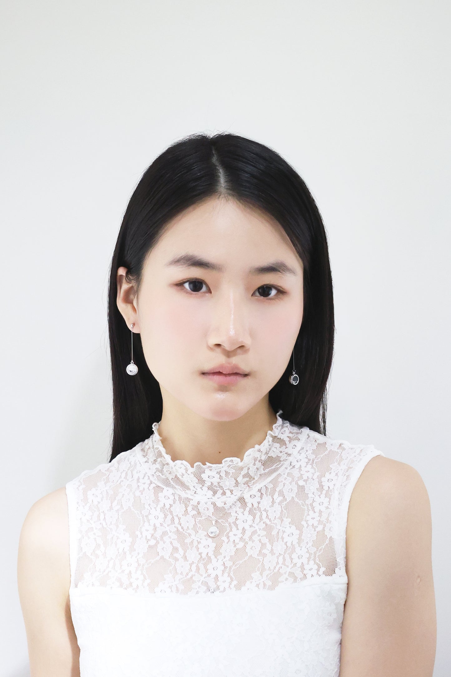水晶系列｜黑夜圓形水晶銀長耳環  Crystal Series｜Night Round Crystal Silver Long Earrings