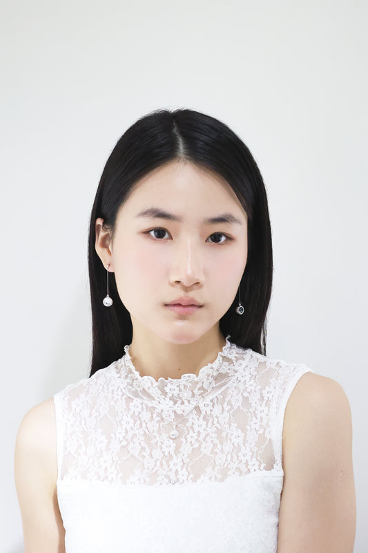 水晶系列｜黑夜圓形水晶銀長耳環  Crystal Series｜Night Round Crystal Silver Long Earrings