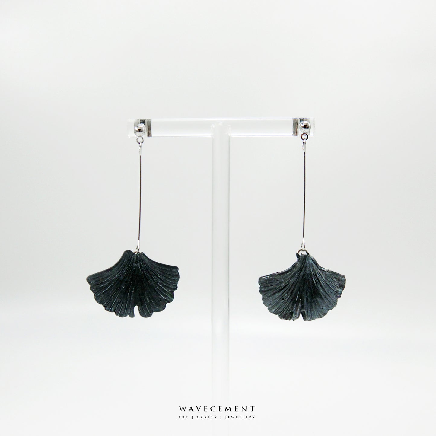 自然系列｜銀杏-銀長垂吊水泥耳環 Natural Series｜Ginkgo-Silver Long Cement Pendant Earrings