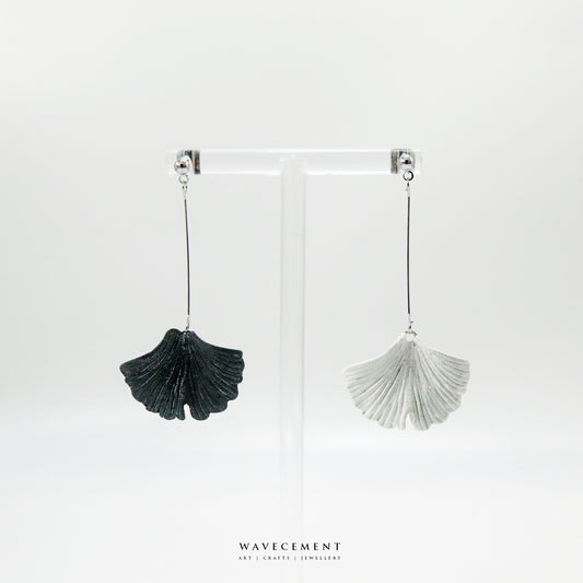 銀杏系列｜銀杏白黑銀長垂吊水泥耳環 Ginkgo Series｜Ginkgo White & Black Silver Long Cement Pendant Earrings