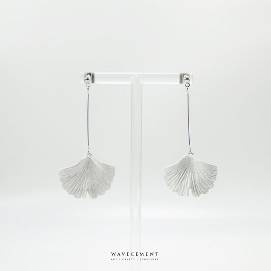銀杏系列｜銀杏白銀長垂吊水泥耳環 Ginkgo Series｜Ginkgo White Silver Long Cement Pendant Earrings