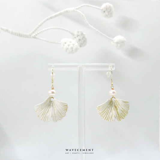 自然系列｜銀杏珍珠水泥耳環 Natural Series｜Ginkgo Pearl Cement Pendant Earrings