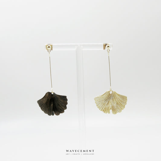 銀杏系列｜銀杏白黑金長垂吊水泥耳環 Gingko Series｜Ginkgo White & Black Gold Long Cement Pendant Earrings