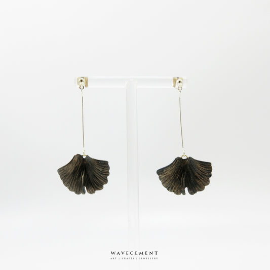 銀杏系列｜銀杏黑金長垂吊水泥耳環 Ginkgo Series｜Ginkgo Black Gold Long Cement Pendant Earrings