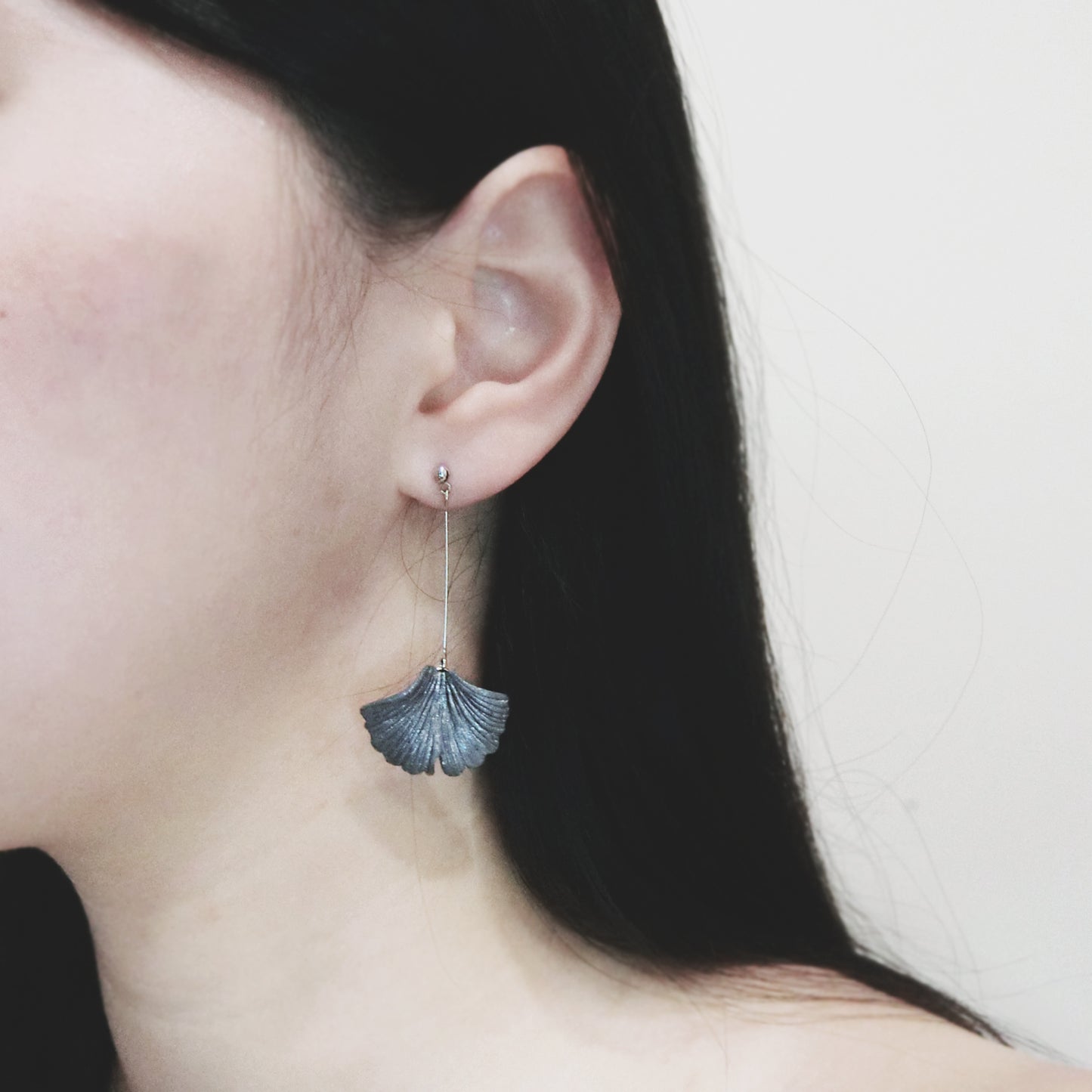 自然系列｜銀杏-銀長垂吊水泥耳環 Natural Series｜Ginkgo-Silver Long Cement Pendant Earrings