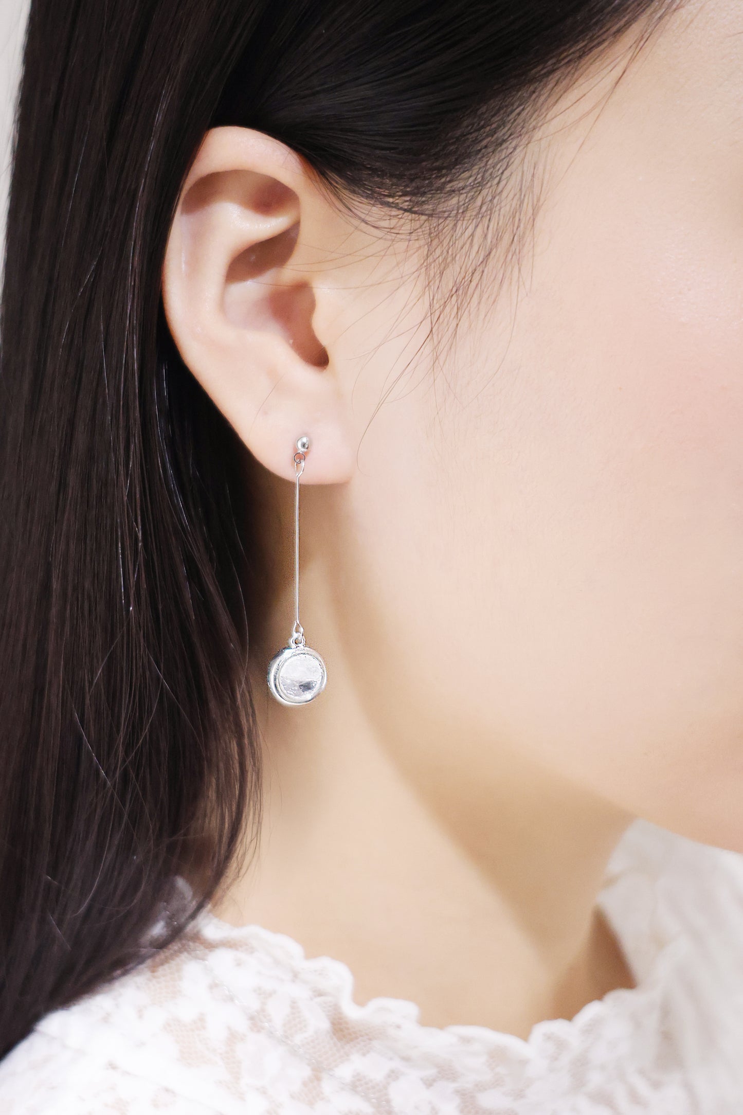 水晶系列｜白晝圓形水晶銀長耳環  Crystal Series｜Day Round Crystal Silver Long Earrings