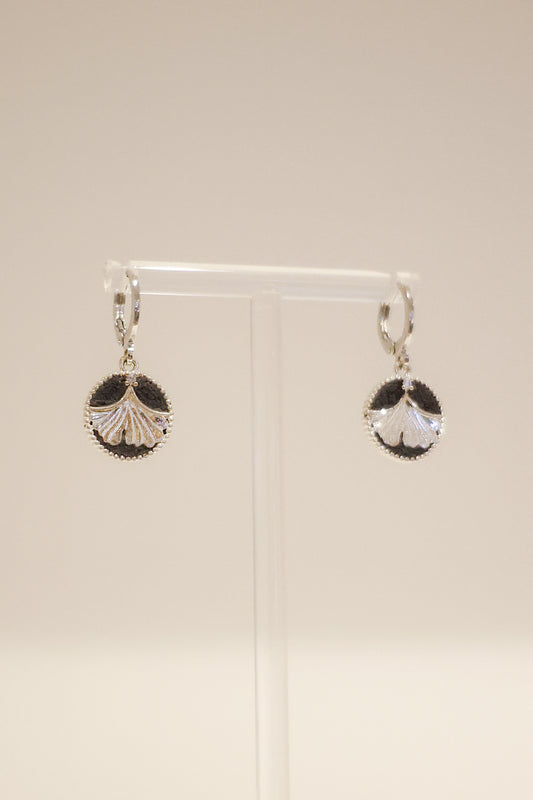 羅盤系列｜銀黑銀杏羅盤耳環  Compass Series｜Black Ginkgo Compass Silver Earrings