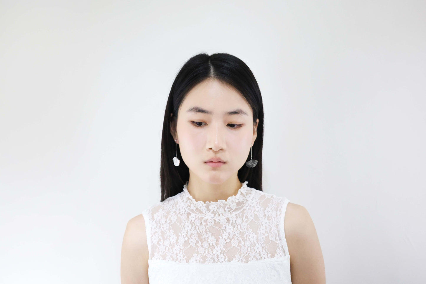 銀杏系列｜銀杏白黑銀長垂吊水泥耳環 Ginkgo Series｜Ginkgo White & Black Silver Long Cement Pendant Earrings