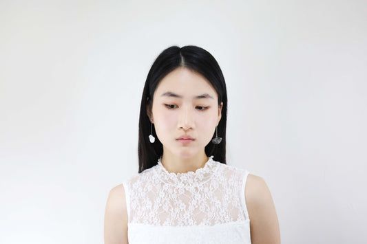 銀杏系列｜銀杏白黑銀長垂吊水泥耳環 Ginkgo Series｜Ginkgo White & Black Silver Long Cement Pendant Earrings
